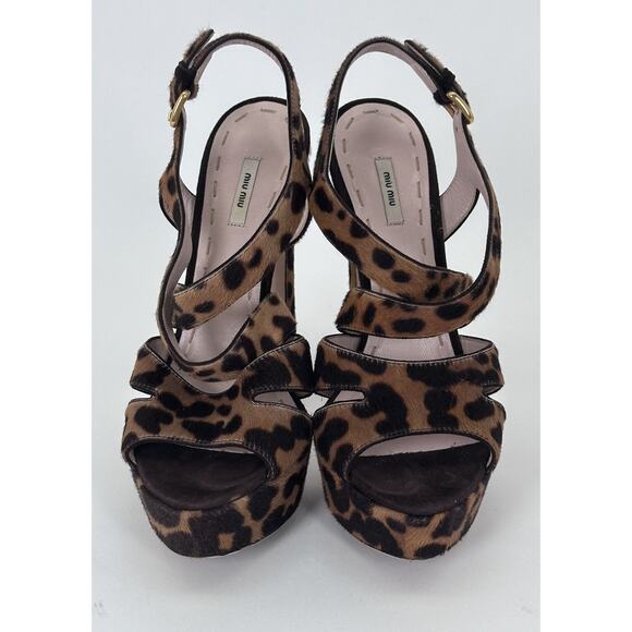 ⭐️ Miu Miu Leopard Print Pony Hair Platform Sandals Size 37 / 7 - Picture 4 of 11